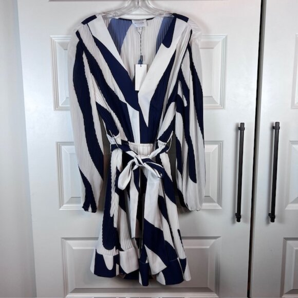 Milly Liv Zebra-Print Pleated Belted Mini Wrap Dress in Blue & White Size 10 - Picture 2 of 13